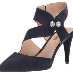 Louise et Cie Jara Navy Suade Pointed-Toe Heels w/ Silver Stud Detail